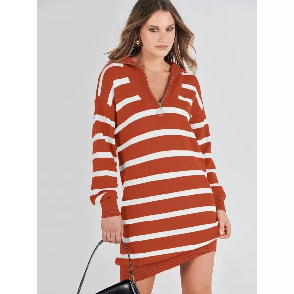 imageANRABESS Womens Casual Striped Sweater Dress Oversized Half Zip Knitted Long Sleeve Loose 2023 Fall Winter Short Mini DressRust