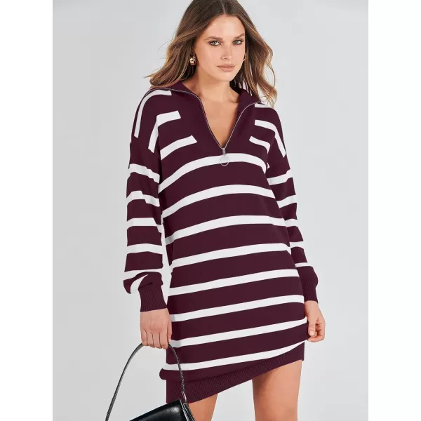 imageANRABESS Womens Casual Striped Sweater Dress Oversized Half Zip Knitted Long Sleeve Loose 2023 Fall Winter Short Mini DressWine