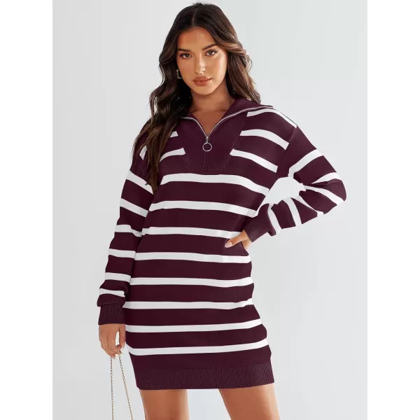 imageANRABESS Womens Casual Striped Sweater Dress Oversized Half Zip Knitted Long Sleeve Loose 2023 Fall Winter Short Mini DressWine
