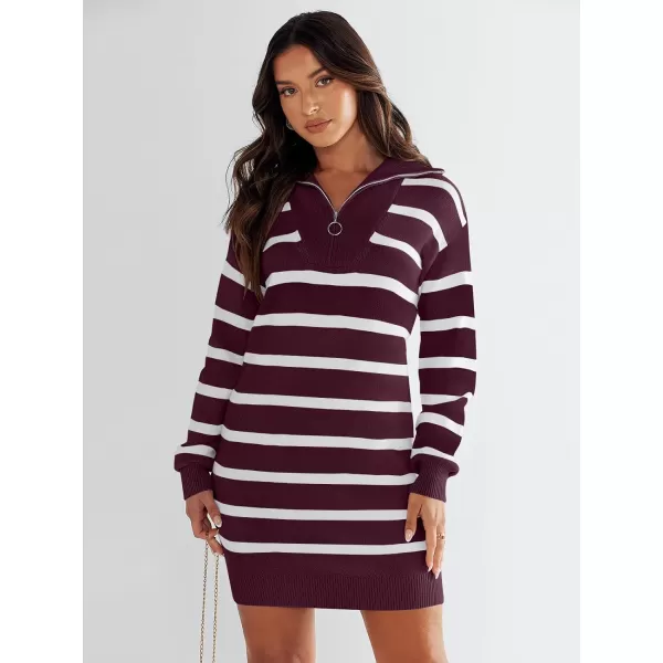 imageANRABESS Womens Casual Striped Sweater Dress Oversized Half Zip Knitted Long Sleeve Loose 2023 Fall Winter Short Mini DressWine
