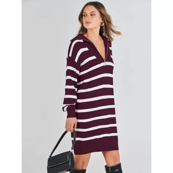 imageANRABESS Womens Casual Striped Sweater Dress Oversized Half Zip Knitted Long Sleeve Loose 2023 Fall Winter Short Mini DressWine