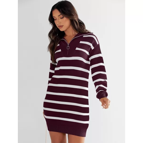 imageANRABESS Womens Casual Striped Sweater Dress Oversized Half Zip Knitted Long Sleeve Loose 2023 Fall Winter Short Mini DressWine