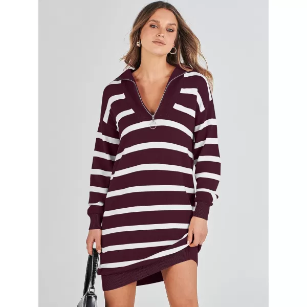 imageANRABESS Womens Casual Striped Sweater Dress Oversized Half Zip Knitted Long Sleeve Loose 2023 Fall Winter Short Mini DressWine