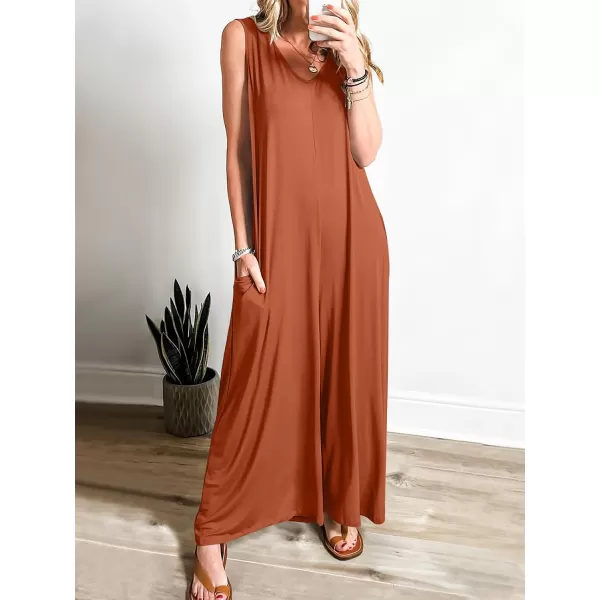 imageANRABESS Womens Casual Summer Loose Jumpsuits Sleeveless Tank V Neck Wide Leg Long Pant Rompers Baggy Jumper with PocketsBrick Red