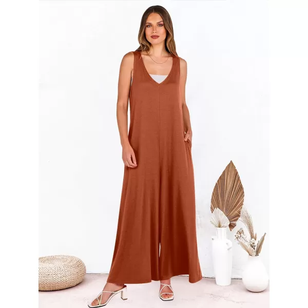 imageANRABESS Womens Casual Summer Loose Jumpsuits Sleeveless Tank V Neck Wide Leg Long Pant Rompers Baggy Jumper with PocketsBrick Red