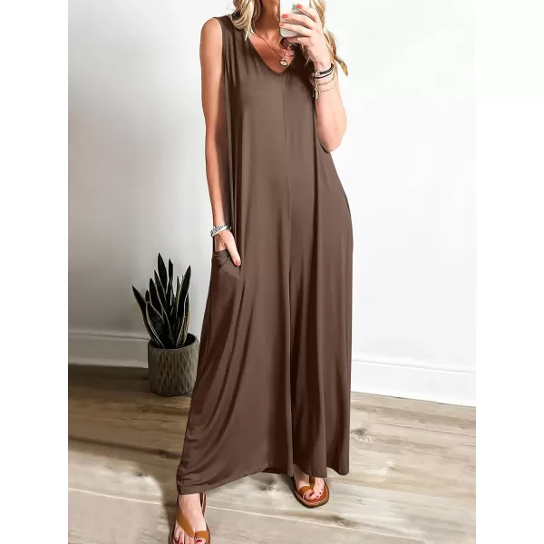 imageANRABESS Womens Casual Summer Loose Jumpsuits Sleeveless Tank V Neck Wide Leg Long Pant Rompers Baggy Jumper with PocketsCoffee