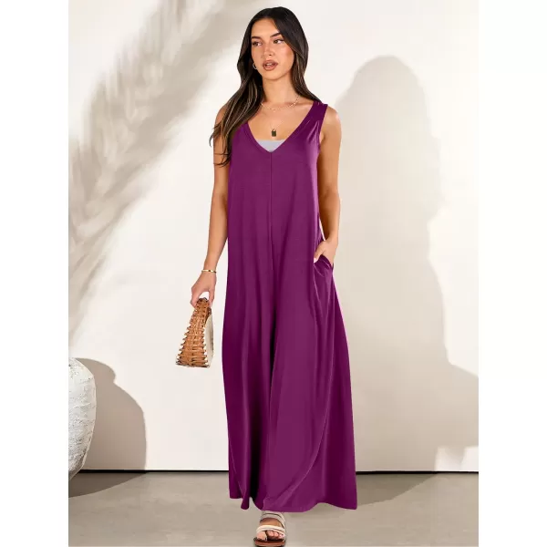 imageANRABESS Womens Casual Summer Loose Jumpsuits Sleeveless Tank V Neck Wide Leg Long Pant Rompers Baggy Jumper with PocketsDark Purple