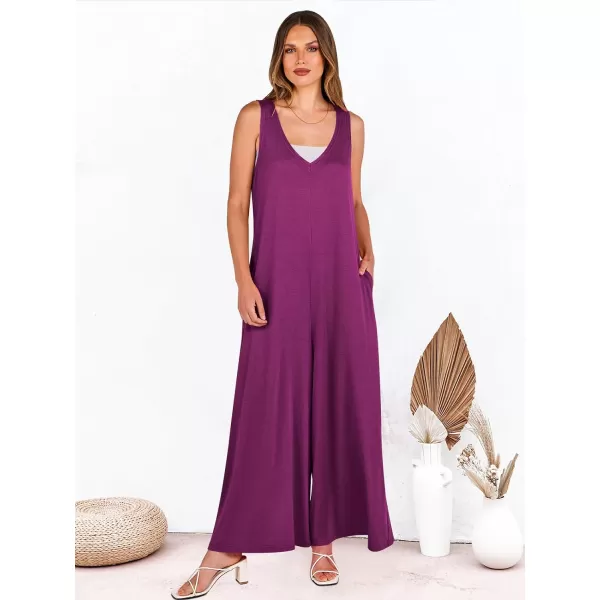 imageANRABESS Womens Casual Summer Loose Jumpsuits Sleeveless Tank V Neck Wide Leg Long Pant Rompers Baggy Jumper with PocketsDark Purple