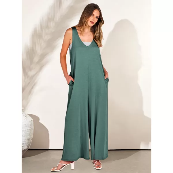 imageANRABESS Womens Casual Summer Loose Jumpsuits Sleeveless Tank V Neck Wide Leg Long Pant Rompers Baggy Jumper with PocketsGreen