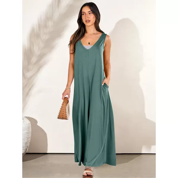 imageANRABESS Womens Casual Summer Loose Jumpsuits Sleeveless Tank V Neck Wide Leg Long Pant Rompers Baggy Jumper with PocketsGreen