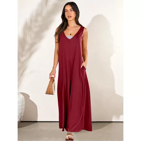 imageANRABESS Womens Casual Summer Loose Jumpsuits Sleeveless Tank V Neck Wide Leg Long Pant Rompers Baggy Jumper with PocketsWine Red