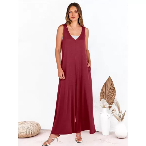 imageANRABESS Womens Casual Summer Loose Jumpsuits Sleeveless Tank V Neck Wide Leg Long Pant Rompers Baggy Jumper with PocketsWine Red