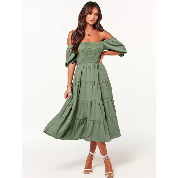 imageANRABESS Womens Casual Summer Midi Dress Puffy Short Sleeve Square Neck Smocked Tiered Boho DressesArmy Green