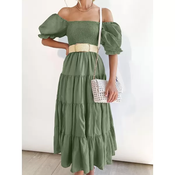 imageANRABESS Womens Casual Summer Midi Dress Puffy Short Sleeve Square Neck Smocked Tiered Boho DressesArmy Green