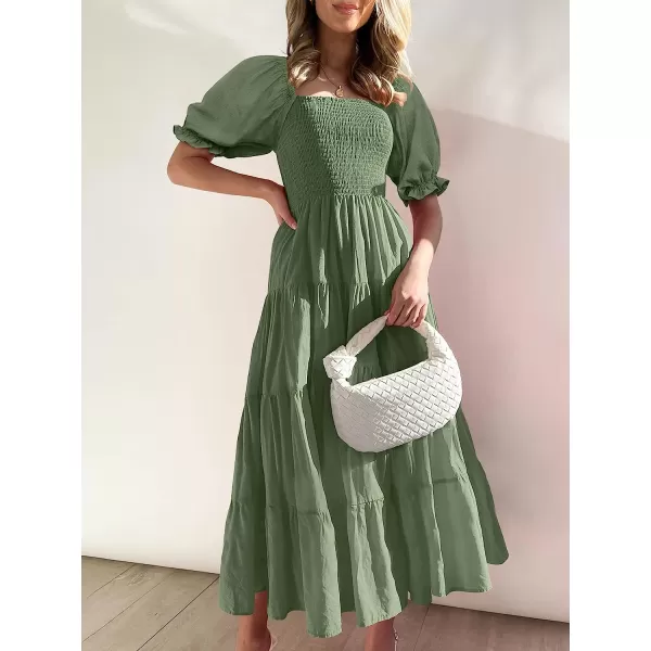 imageANRABESS Womens Casual Summer Midi Dress Puffy Short Sleeve Square Neck Smocked Tiered Boho DressesArmy Green