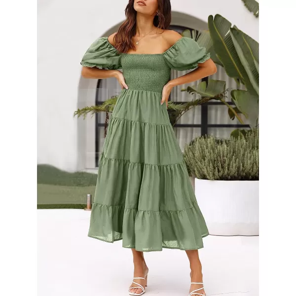 imageANRABESS Womens Casual Summer Midi Dress Puffy Short Sleeve Square Neck Smocked Tiered Boho DressesArmy Green