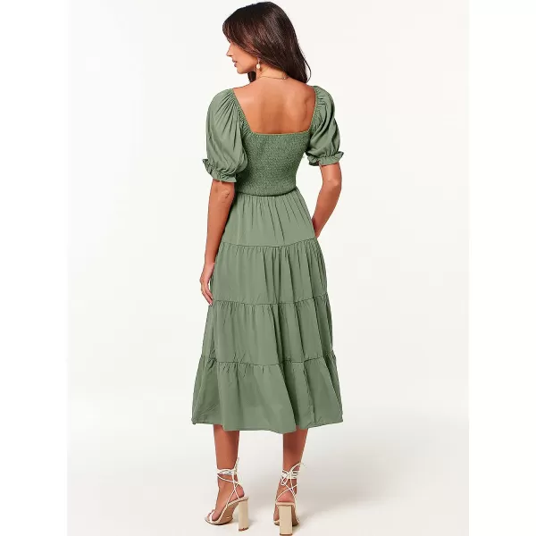 imageANRABESS Womens Casual Summer Midi Dress Puffy Short Sleeve Square Neck Smocked Tiered Boho DressesArmy Green
