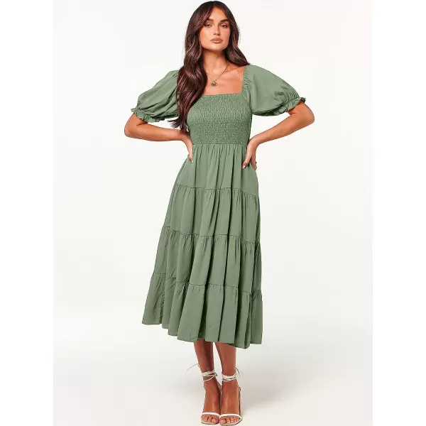 imageANRABESS Womens Casual Summer Midi Dress Puffy Short Sleeve Square Neck Smocked Tiered Boho DressesArmy Green