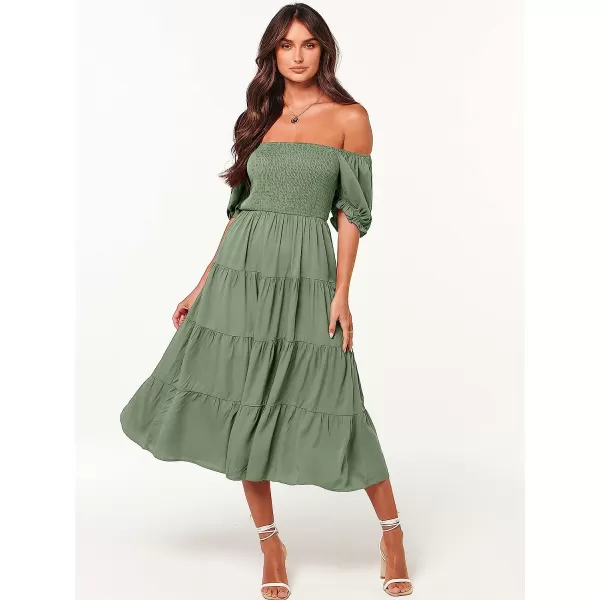 imageANRABESS Womens Casual Summer Midi Dress Puffy Short Sleeve Square Neck Smocked Tiered Boho DressesArmy Green
