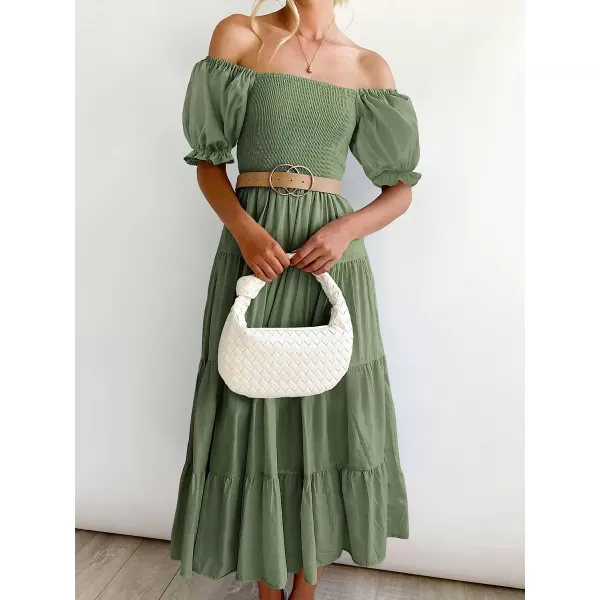 imageANRABESS Womens Casual Summer Midi Dress Puffy Short Sleeve Square Neck Smocked Tiered Boho DressesArmy Green