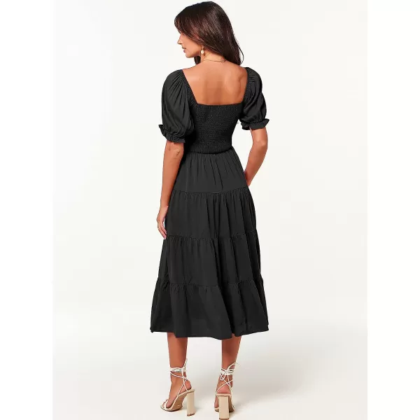 imageANRABESS Womens Casual Summer Midi Dress Puffy Short Sleeve Square Neck Smocked Tiered Boho DressesBlack