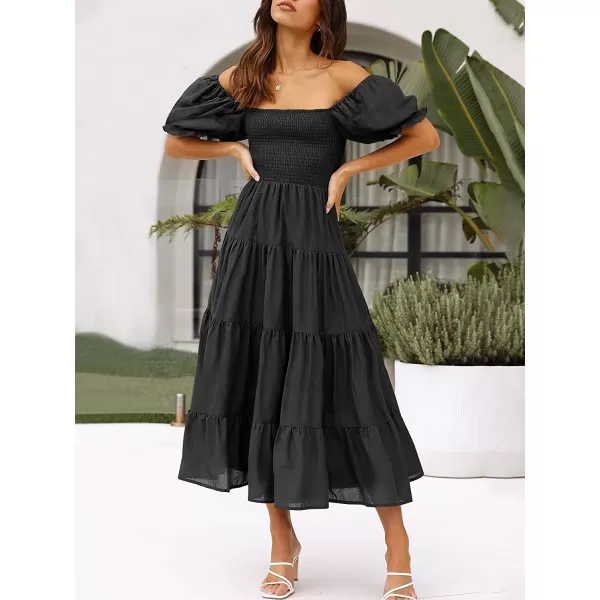 imageANRABESS Womens Casual Summer Midi Dress Puffy Short Sleeve Square Neck Smocked Tiered Boho DressesBlack