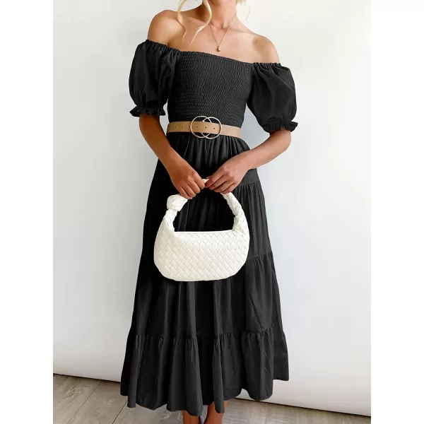 imageANRABESS Womens Casual Summer Midi Dress Puffy Short Sleeve Square Neck Smocked Tiered Boho DressesBlack