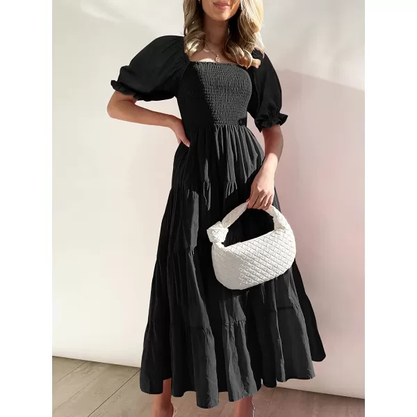 imageANRABESS Womens Casual Summer Midi Dress Puffy Short Sleeve Square Neck Smocked Tiered Boho DressesBlack