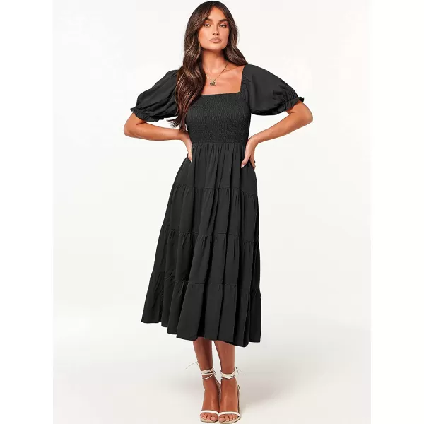 imageANRABESS Womens Casual Summer Midi Dress Puffy Short Sleeve Square Neck Smocked Tiered Boho DressesBlack