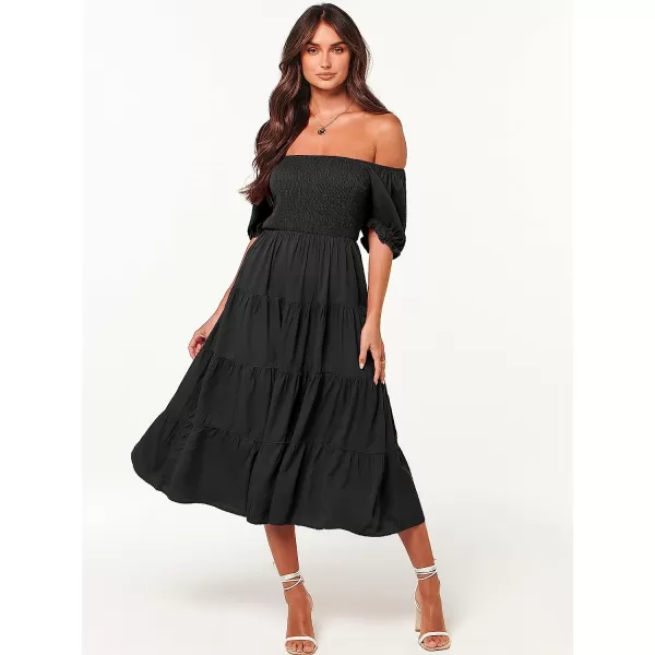 imageANRABESS Womens Casual Summer Midi Dress Puffy Short Sleeve Square Neck Smocked Tiered Boho DressesBlack