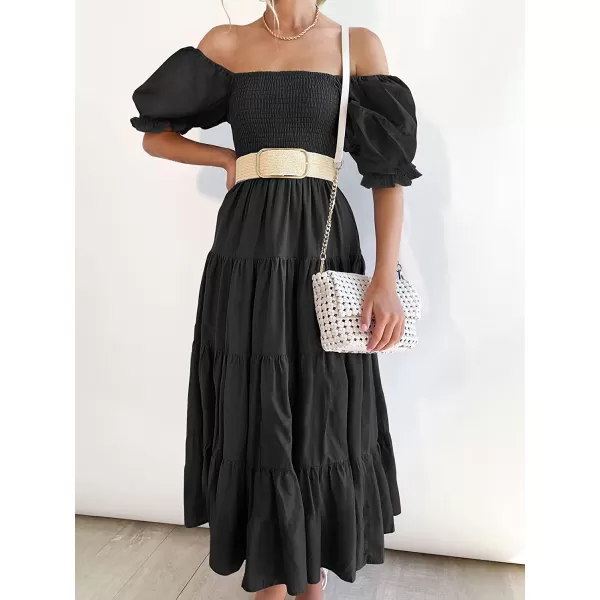 imageANRABESS Womens Casual Summer Midi Dress Puffy Short Sleeve Square Neck Smocked Tiered Boho DressesBlack