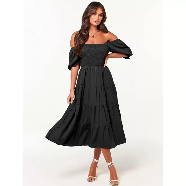 imageANRABESS Womens Casual Summer Midi Dress Puffy Short Sleeve Square Neck Smocked Tiered Boho DressesBlack