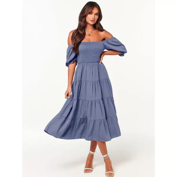 imageANRABESS Womens Casual Summer Midi Dress Puffy Short Sleeve Square Neck Smocked Tiered Boho DressesBlue