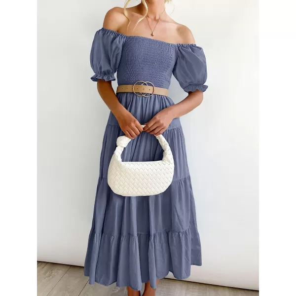 imageANRABESS Womens Casual Summer Midi Dress Puffy Short Sleeve Square Neck Smocked Tiered Boho DressesBlue