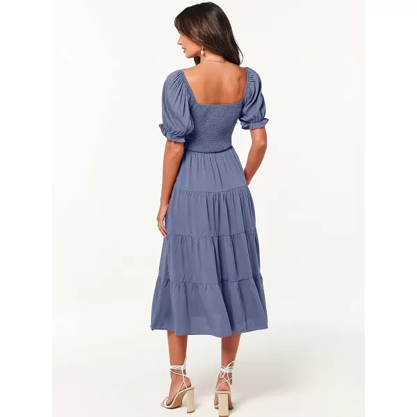 imageANRABESS Womens Casual Summer Midi Dress Puffy Short Sleeve Square Neck Smocked Tiered Boho DressesBlue