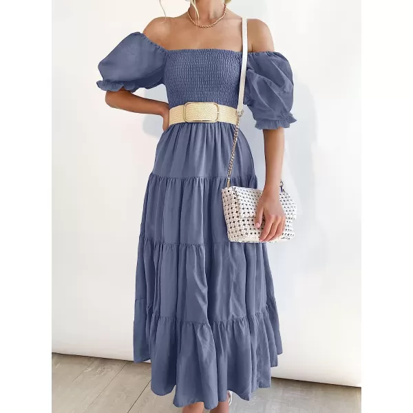 imageANRABESS Womens Casual Summer Midi Dress Puffy Short Sleeve Square Neck Smocked Tiered Boho DressesBlue
