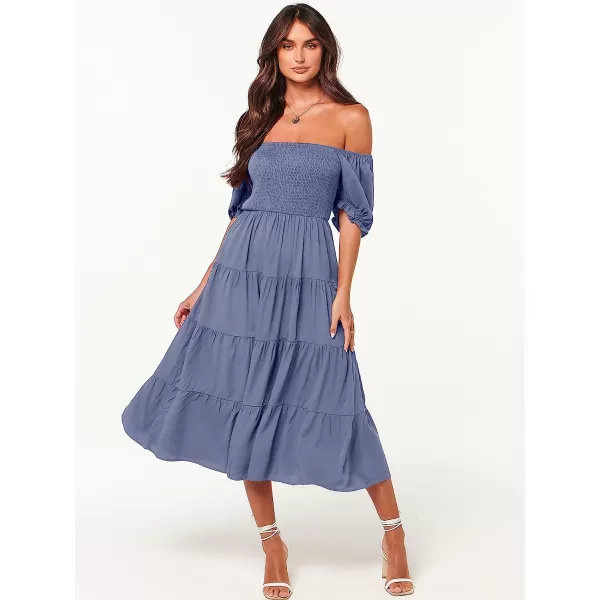 imageANRABESS Womens Casual Summer Midi Dress Puffy Short Sleeve Square Neck Smocked Tiered Boho DressesBlue