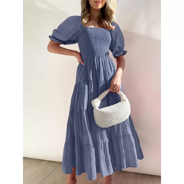 imageANRABESS Womens Casual Summer Midi Dress Puffy Short Sleeve Square Neck Smocked Tiered Boho DressesBlue
