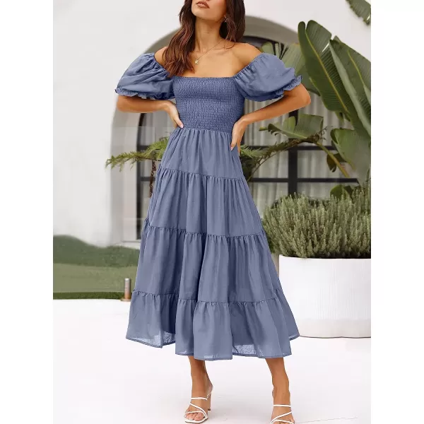 imageANRABESS Womens Casual Summer Midi Dress Puffy Short Sleeve Square Neck Smocked Tiered Boho DressesBlue