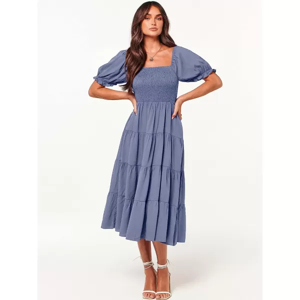 imageANRABESS Womens Casual Summer Midi Dress Puffy Short Sleeve Square Neck Smocked Tiered Boho DressesBlue