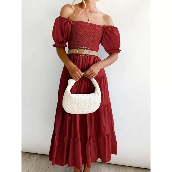imageANRABESS Womens Casual Summer Midi Dress Puffy Short Sleeve Square Neck Smocked Tiered Boho DressesBurgundy