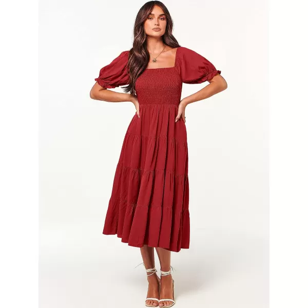 imageANRABESS Womens Casual Summer Midi Dress Puffy Short Sleeve Square Neck Smocked Tiered Boho DressesBurgundy