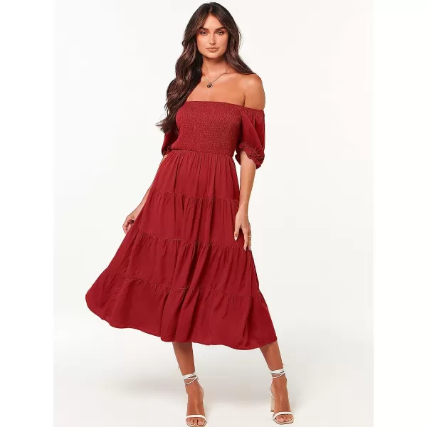 imageANRABESS Womens Casual Summer Midi Dress Puffy Short Sleeve Square Neck Smocked Tiered Boho DressesBurgundy