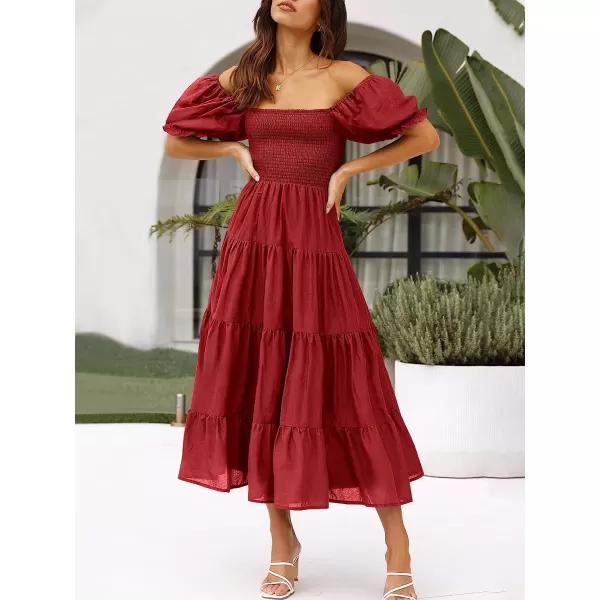 imageANRABESS Womens Casual Summer Midi Dress Puffy Short Sleeve Square Neck Smocked Tiered Boho DressesBurgundy