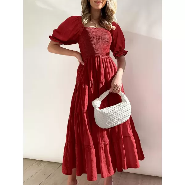 imageANRABESS Womens Casual Summer Midi Dress Puffy Short Sleeve Square Neck Smocked Tiered Boho DressesBurgundy