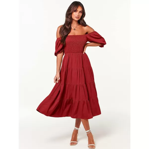 imageANRABESS Womens Casual Summer Midi Dress Puffy Short Sleeve Square Neck Smocked Tiered Boho DressesBurgundy