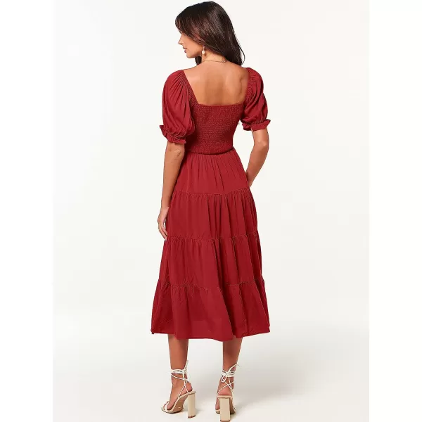 imageANRABESS Womens Casual Summer Midi Dress Puffy Short Sleeve Square Neck Smocked Tiered Boho DressesBurgundy