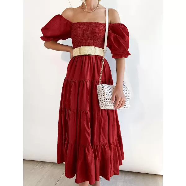 imageANRABESS Womens Casual Summer Midi Dress Puffy Short Sleeve Square Neck Smocked Tiered Boho DressesBurgundy