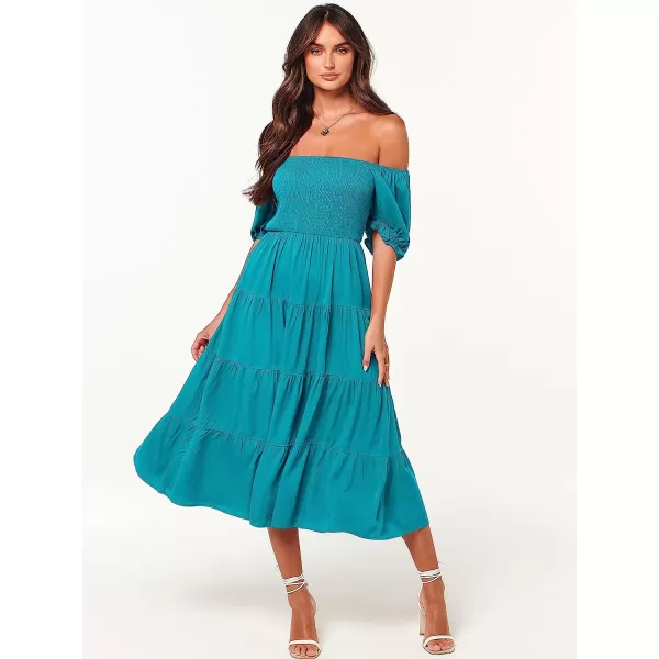 imageANRABESS Womens Casual Summer Midi Dress Puffy Short Sleeve Square Neck Smocked Tiered Boho DressesCyan