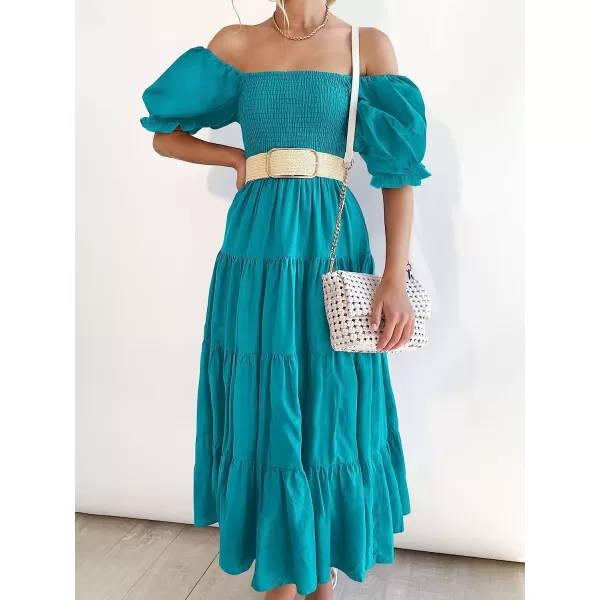 imageANRABESS Womens Casual Summer Midi Dress Puffy Short Sleeve Square Neck Smocked Tiered Boho DressesCyan